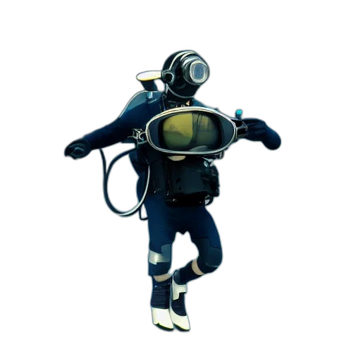 robot, mask, creature, jacket, concept art, 3d render, pixel art, underwater transparent PNG cut-out