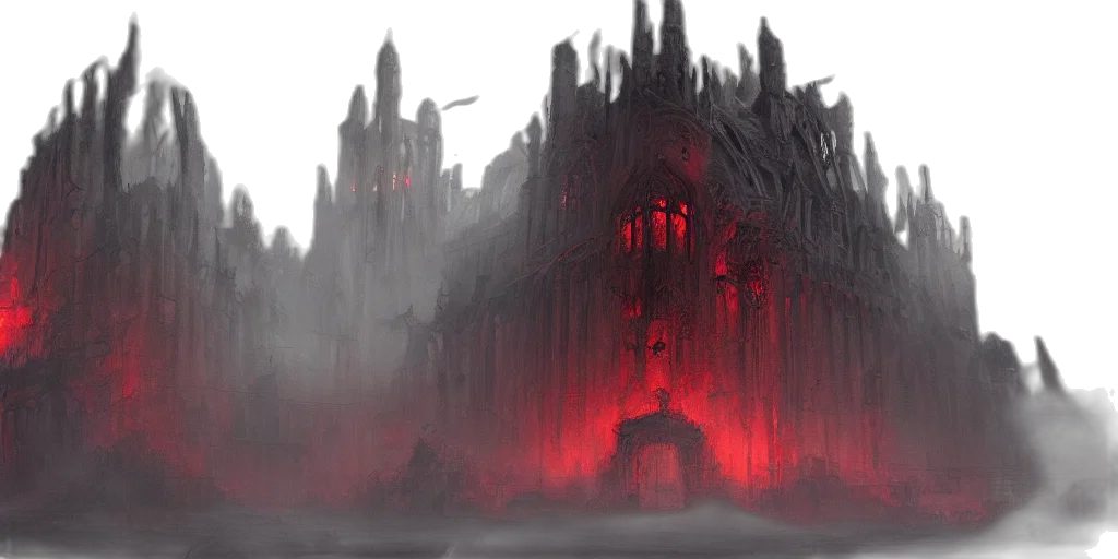 building, concept art, fantasy art, cyberpunk, comic book art, fog, fire, city street transparent PNG cut-out