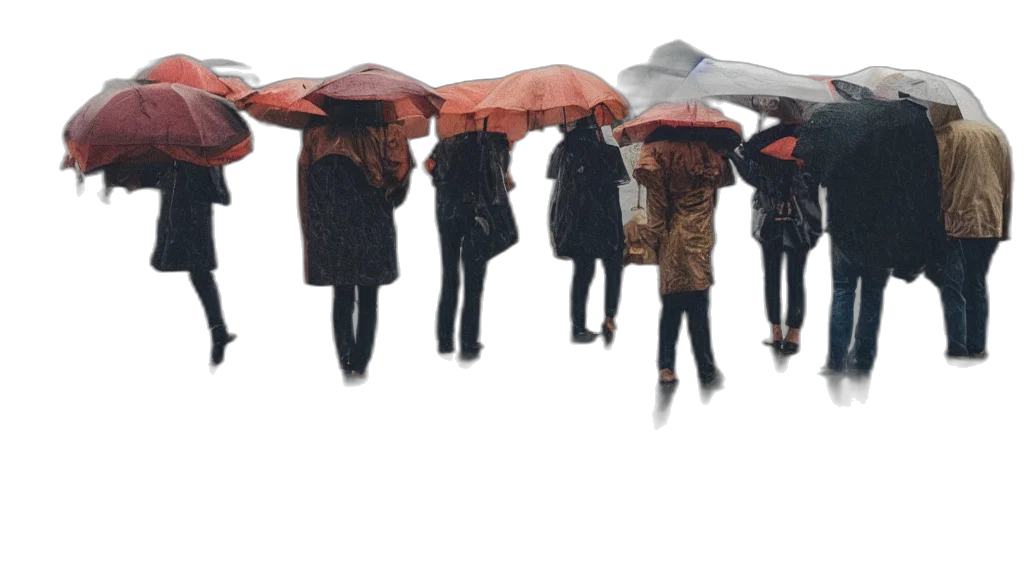 umbrella, jacket, staff, 3d render, photorealistic, concept art, rain, cinestill transparent PNG cut-out