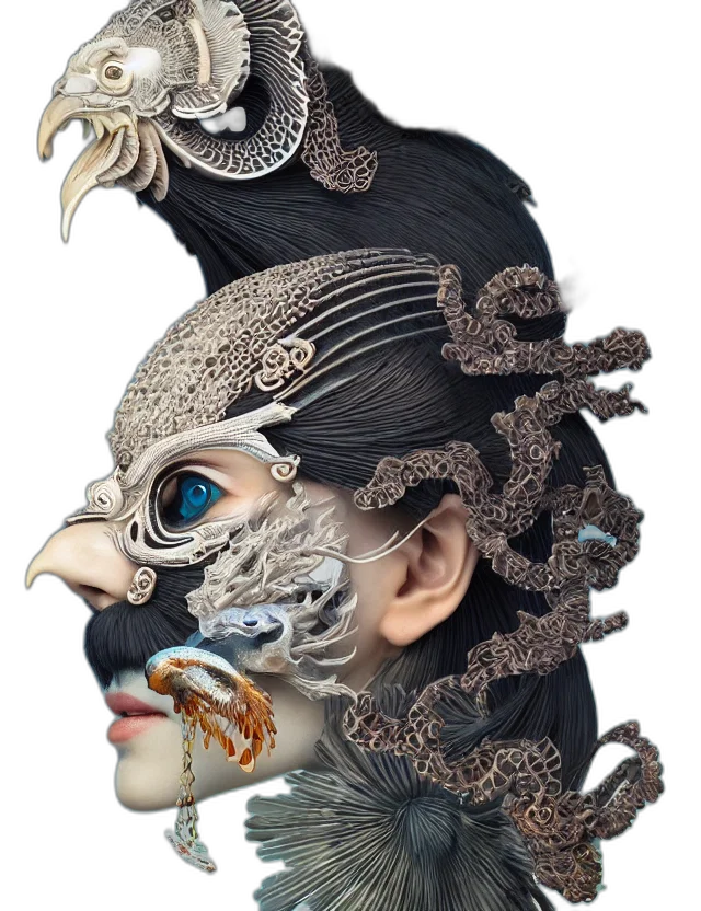 mask, face, jewelry, dragon, photorealistic, fantasy art, concept art, 3d render transparent PNG cut-out