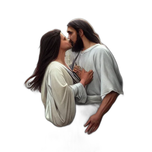 hair, photorealistic, oil painting, concept art, pixel art, fog, jesus, kissing transparent PNG cut-out