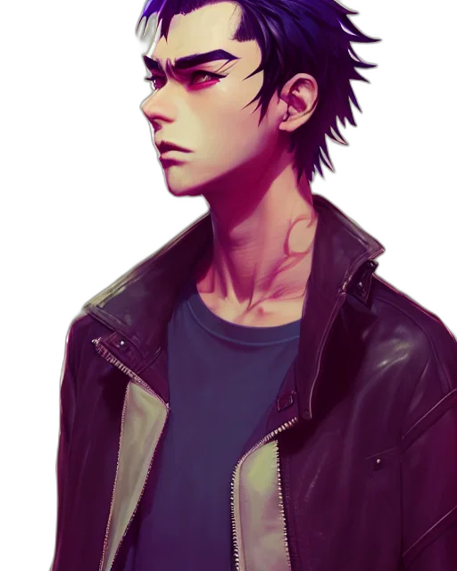 jacket, face, watercolor, anime, photorealistic, concept art, neon lights, dark transparent PNG cut-out