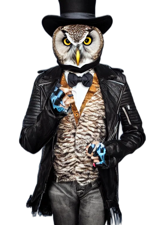 jacket, animal, mask, staff, concept art, cartoon, photorealistic, owl transparent PNG cut-out