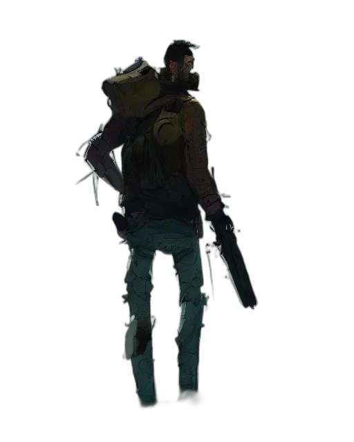 jacket, weapon, staff, robot, concept art, cyberpunk, pixel art, 3d render transparent PNG cut-out