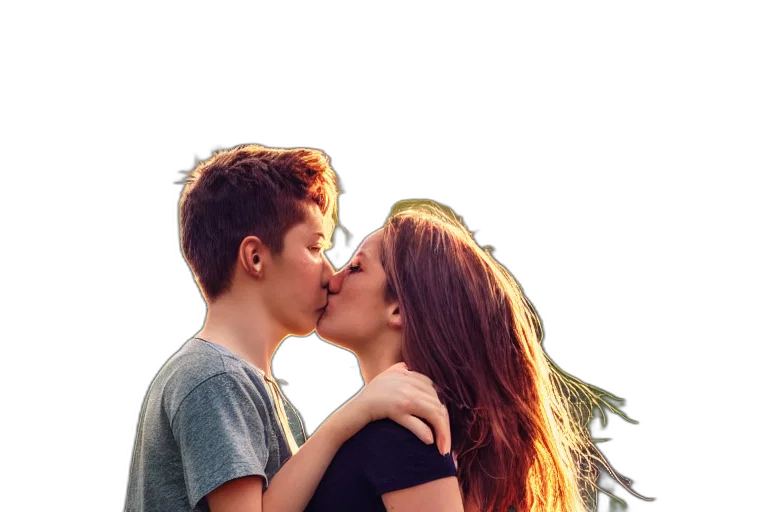 photorealistic, sunset, fire, girl, kiss, man, poster, ultra transparent PNG cut-out