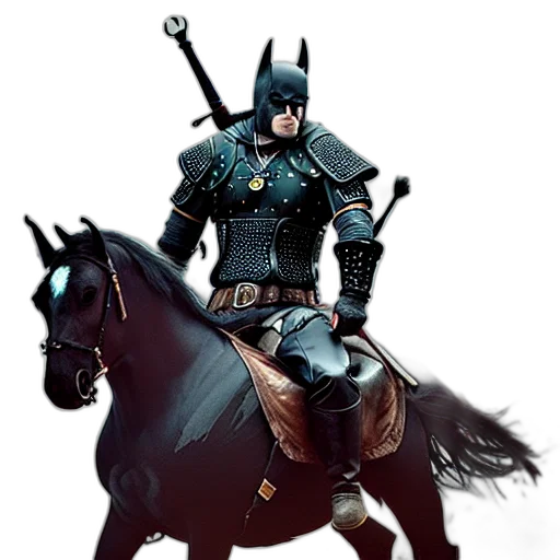 sword, concept art, fantasy art, comic book art, 3d render, witcher, batman, riding transparent PNG cut-out