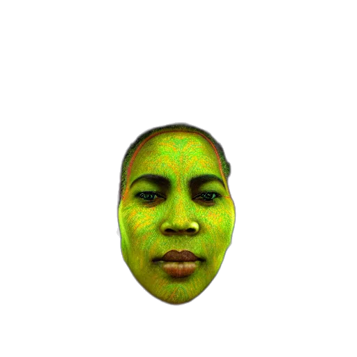 face, mask, creature, staff, 3d render, photorealistic, pixel art, green transparent PNG cut-out