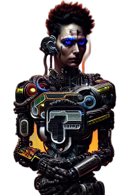 robot, weapon, face, jacket, cyberpunk, concept art, 3d render, pixel art transparent PNG cut-out