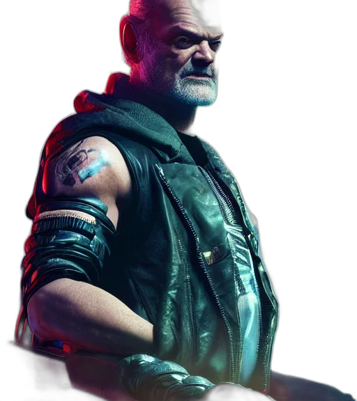 jacket, face, weapon, cyberpunk, concept art, comic book art, 3d render, charismatic transparent PNG cut-out