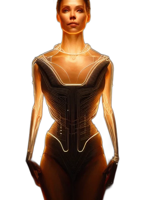 dress, robot, jewelry, jacket, 3d render, concept art, cyberpunk, comic book art transparent PNG cut-out