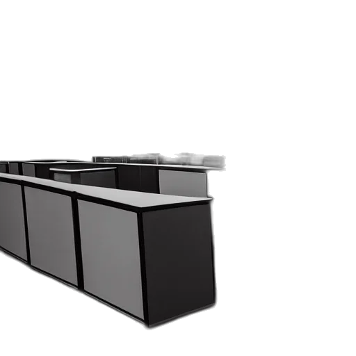 furniture, 3d render, office, room, stands, empty, rows, desks transparent PNG cut-out