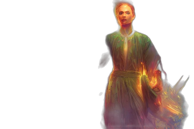 staff, dress, concept art, fantasy art, 3d render, comic book art, fire, green transparent PNG cut-out