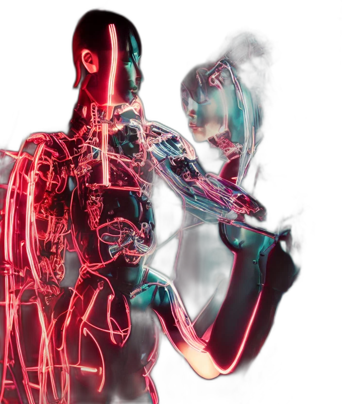 robot, cyberpunk, concept art, 3d render, vaporwave, neon lights, outer space, full transparent PNG cut-out