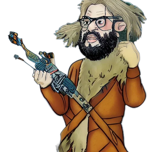 weapon, staff, jacket, animal, cartoon, concept art, comic book art, fantasy art transparent PNG cut-out