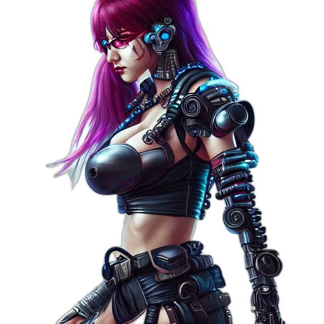 robot, weapon, cyberpunk, fantasy art, concept art, comic book art, neon lights, dark transparent PNG cut-out
