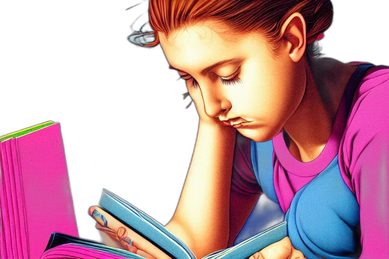 comic book art, photorealistic, centre, portrait, girl, reading, book, symmetry transparent PNG cut-out