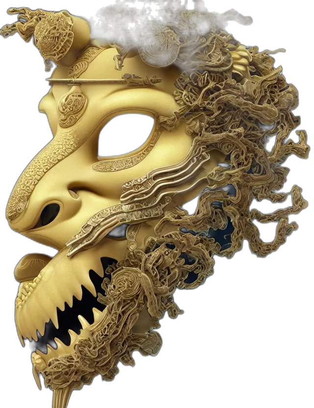 mask, jewelry, crown, dragon, photorealistic, 3d render, concept art, golden transparent PNG cut-out