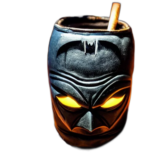 closeup, photorealistic, photograph, batman, style, tiki, mug, sitting transparent PNG cut-out