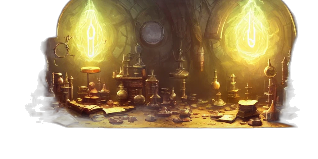 concept art, fantasy art, fire, golden, earth tones, cluttered, table, wizards transparent PNG cut-out