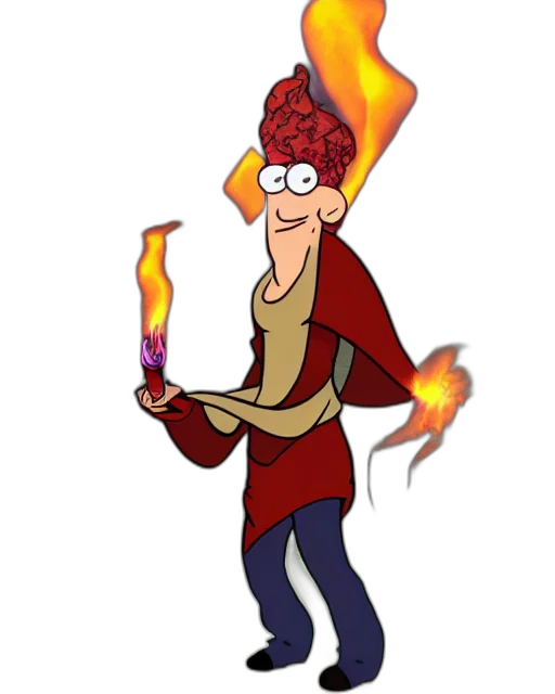 hat, jacket, staff, concept art, cartoon, 3d render, pixel art, fire transparent PNG cut-out