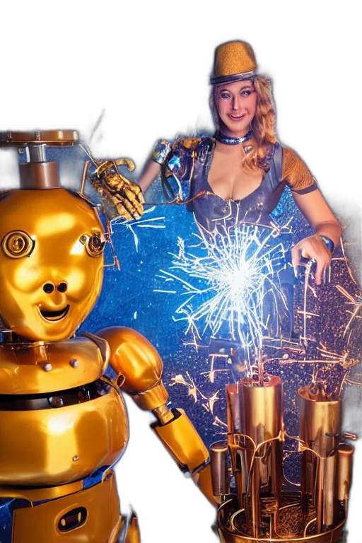 robot, portrait, photo, huge, golden, blue, metal, humanoid transparent PNG cut-out