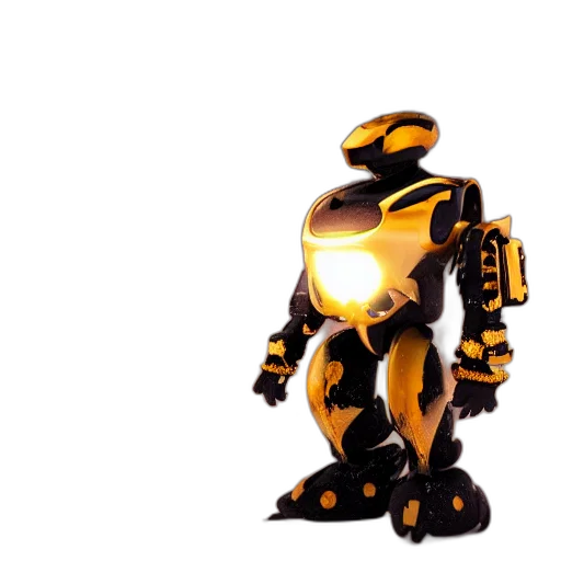 robot, weapon, 3d render, concept art, pixel art, comic book art, golden, black transparent PNG cut-out
