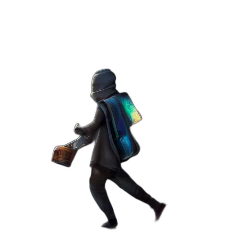 jacket, staff, robot, mask, 3d render, concept art, pixel art, vaporwave transparent PNG cut-out