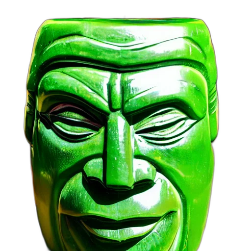 mask, face, bottle, crown, photorealistic, 3d render, concept art, green transparent PNG cut-out