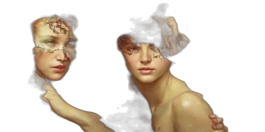 face, mask, hair, photorealistic, concept art, oil painting, fantasy art, fog transparent PNG cut-out