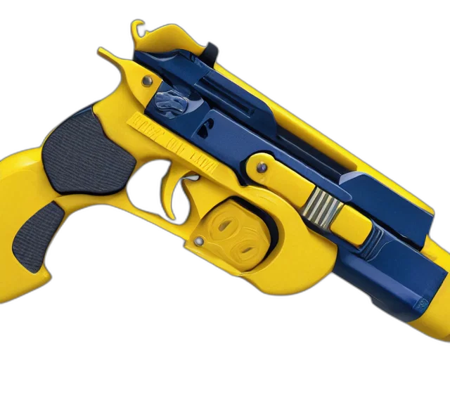 weapon, 3d render, concept art, photorealistic, photo, full, shot, yellow transparent PNG cut-out