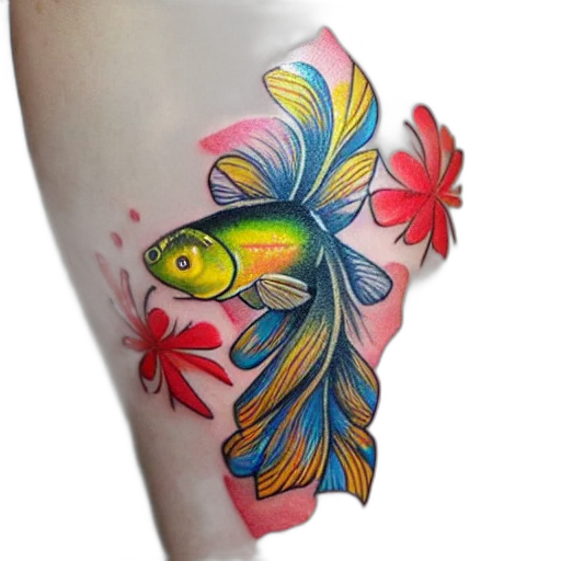 photorealistic, watercolor, goldfish, tattoo, bee, sitting, top, flower transparent PNG cut-out