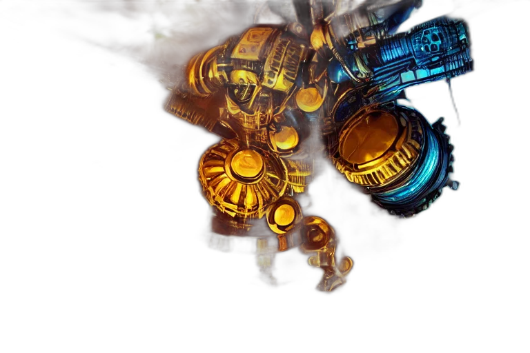 robot, weapon, concept art, fantasy art, 3d render, pixel art, outer space, golden transparent PNG cut-out