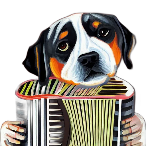 animal, photorealistic, oil painting, watercolor, pixel art, dog, plays, accordion transparent PNG cut-out