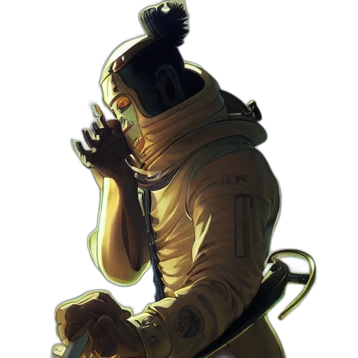 staff, robot, mask, jacket, concept art, cyberpunk, fantasy art, comic book art transparent PNG cut-out