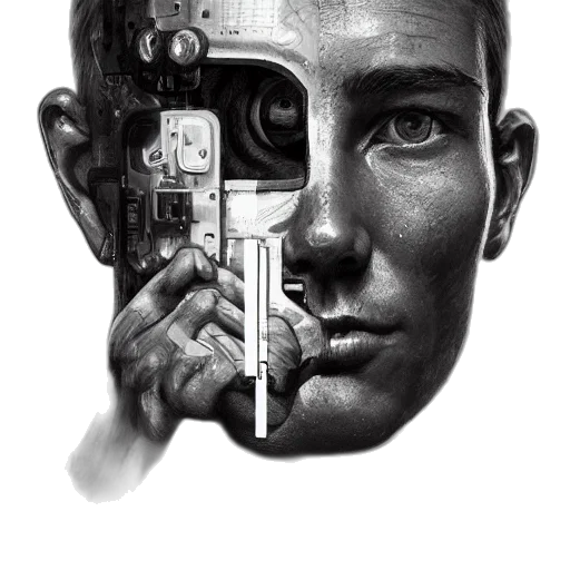 robot, face, mask, weapon, cyberpunk, photorealistic, comic book art, concept art transparent PNG cut-out