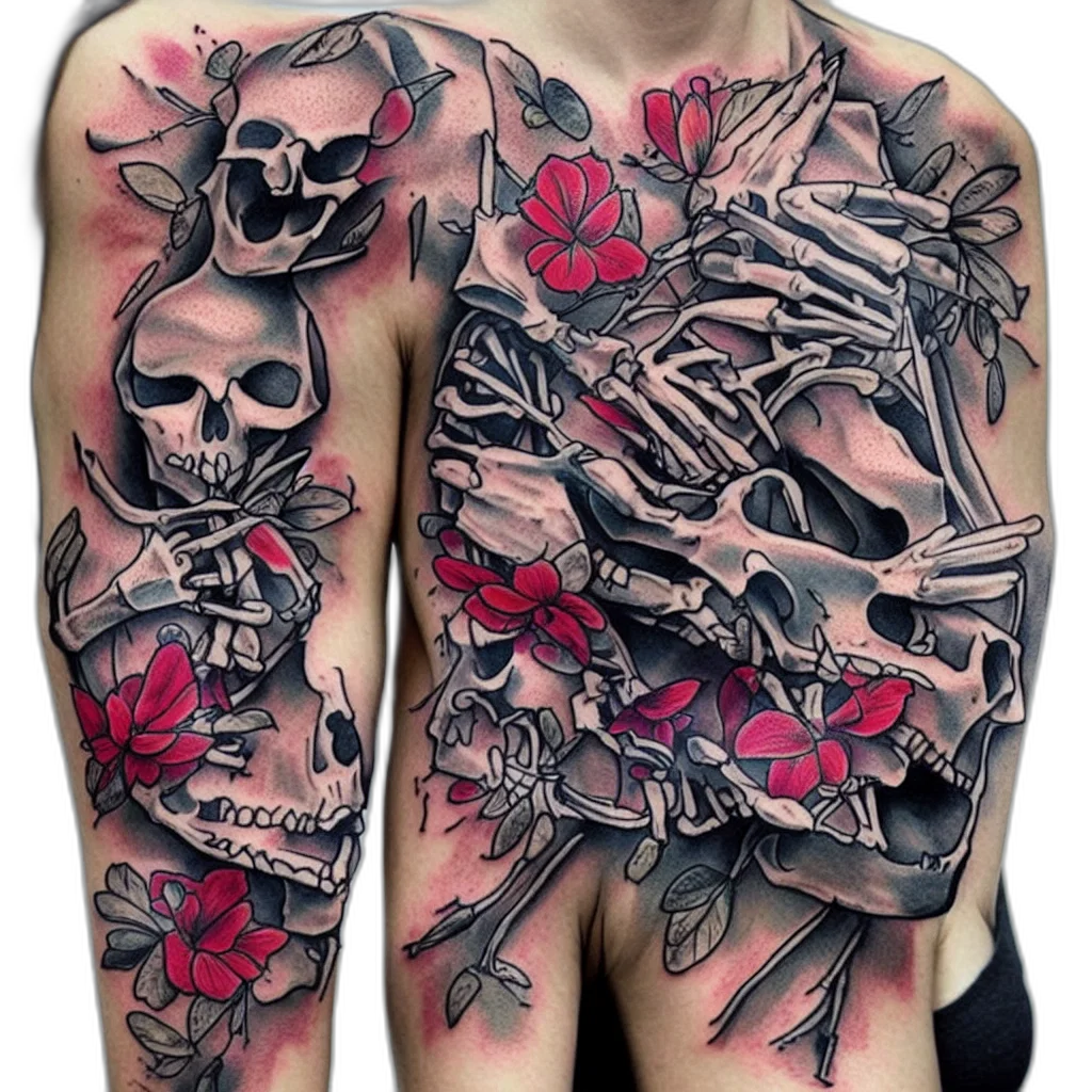 photorealistic, concept art, red, dark, creative, skeleton, flower, art transparent PNG cut-out