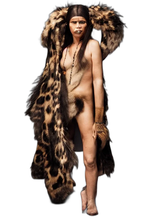 animal, creature, jacket, dress, photorealistic, neanderthal, woman, wearing transparent PNG cut-out