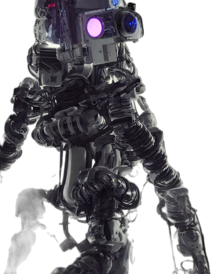 robot, weapon, staff, creature, concept art, cyberpunk, 3d render, comic book art transparent PNG cut-out