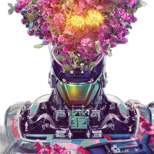 robot, crown, flower, face, cyberpunk, vaporwave, concept art, pixel art transparent PNG cut-out