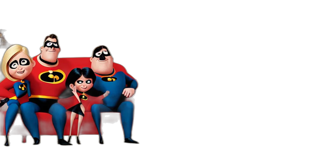 comic book art, concept art, 3d render, cartoon, incredibles, family, sitting, couch transparent PNG cut-out