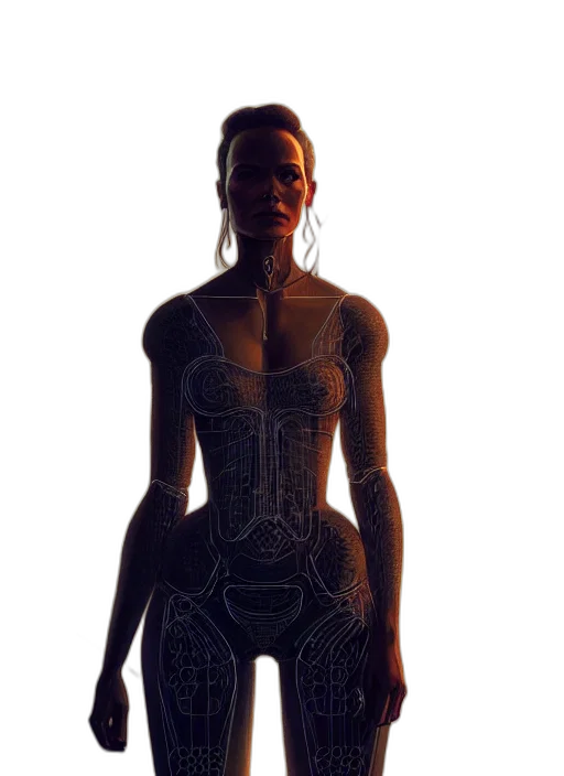 dress, robot, jewelry, staff, 3d render, concept art, fantasy art, photorealistic transparent PNG cut-out