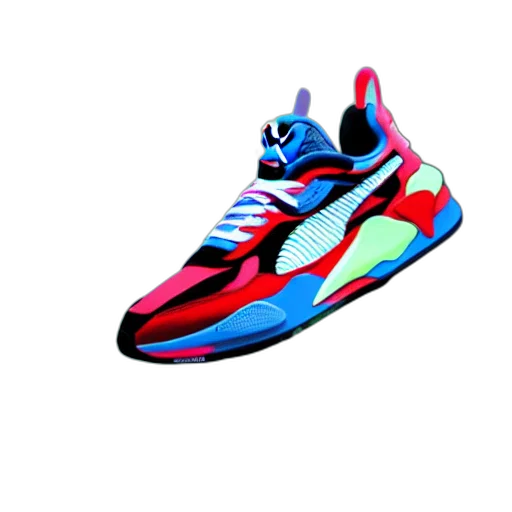 shoes, 3d render, vaporwave, photorealistic, cartoon, neon, colorful, puma transparent PNG cut-out
