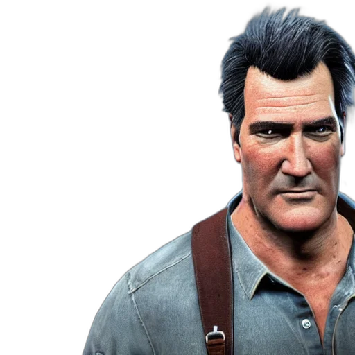 3d render, photorealistic, concept art, screenshot, bruce, campbell, uncharted, rendering transparent PNG cut-out