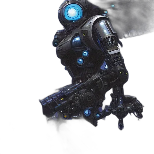 robot, weapon, staff, concept art, cyberpunk, 3d render, fantasy art, blue transparent PNG cut-out