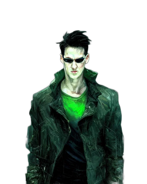 jacket, mask, face, comic book art, concept art, cyberpunk, fantasy art, green transparent PNG cut-out