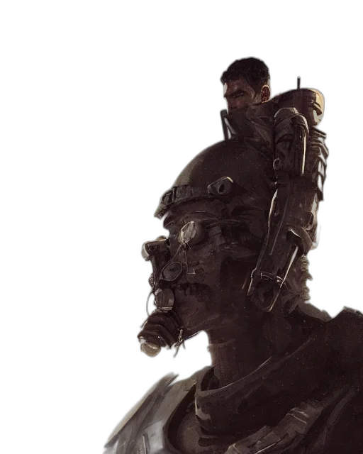 robot, face, concept art, 3d render, cyberpunk, fantasy art, cloaked, rugged transparent PNG cut-out