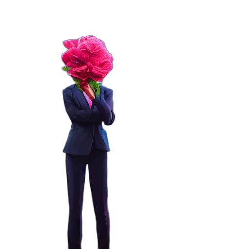 flower, jacket, hat, staff, concept art, 3d render, vaporwave, cartoon transparent PNG cut-out