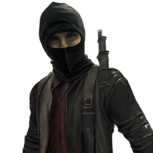 jacket, mask, staff, weapon, concept art, 3d render, photorealistic, thief transparent PNG cut-out