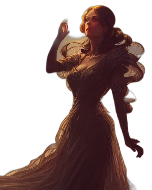 dress, crown, staff, concept art, fantasy art, photorealistic, comic book art, fire transparent PNG cut-out