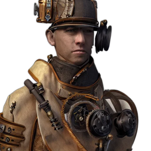 staff, robot, hat, face, concept art, cyberpunk, photorealistic, 3d render transparent PNG cut-out